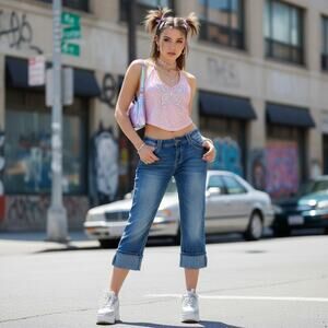 Y2K Angels Denim Capri Pants Size 15 Low Rise Cuffed Blue Ramie Blend